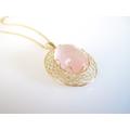 Antique Rose Quartz Vintage Gold Necklace Minimalist Oval Statement Pendant Unique Filigree Mesh Delicate Pink Gemstone Gift For Her