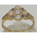 Unique 9K Yellow Gold Natural Australian Opal & Sapphire Vintage Style Dainty Cluster Ring - Customizable