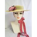 Starlett Milan Straw Hat With Rose Pink Vintage French Velvet Ribbon Ties, Hat, Millinery, Edwardian, Wedding, Summer Hat, Large Brim