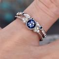 Art Deco Seven Stone Engagement Ring Set, Bezel Set Blue Sapphire Bridal Vintage Style Milgrain Wedding Half Eternity Band
