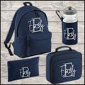 Personalised Initial & Name 9 Litre Backpack Water Bottle Lunch Bag Free Pencil Case Back To School Navy Kids Mini Size