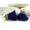 Tassel Dark Blue, Short Cotton Tassel, Thread Silver Plated Cap, Earrings, Bracelet, Necklace Jewelry, 2Pc