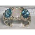 Large Natural Colorful Opal & Blue Topaz 925 Sterling Silver Antique Art Nouveau Deco Design Ring, English Vintage Scroll Ring