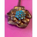 Vintage Copper Gold Tone Drop Necklace With Turquoise Paste Floral Pendant Chain