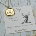 Gold Stag - Wax Seal Crest Necklace {Je Suis Prest} I Am Ready Latin Motto Deer Necklace in Vermeil 200G