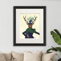 Deer Anthropomorphic Art, in Green Scarf & Fascinator, Women Business Gift For Her, Framed Or Unframed Stag Print Made UK