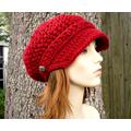 Chunky Crochet Hat, Womens Mens Winter Newsboy Cap, Beanie, Cranberry Red