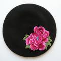 Black Wool Felt Beret Hat With Large Pink Embroidery Flower, French Winter Flower