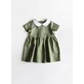 Linen Dress, Baby Toddler Sage Green Linen, Olive White Peter Pan Collar, Organic