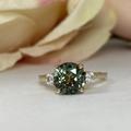 Green Sapphire Engagement Ring 14K Solid Gold Ring, Round & Moissanite Three Stone Vintage Wedding For Women#7168