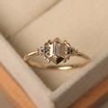 Baguette Cut 4x2 Mm Moissanite & Sapphire Engagement Ring, 14K Solid Yellow Gold, Delicate Daily Shield Ring
