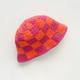 Orange & Pink Hand Knit Checkered Bucket Hat, Trendy Hat