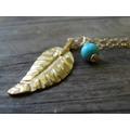 Long Gold Necklace, Small Leaf Jewelry, Minimalist Pendant, Turquoise Necklace, Delicate 14K Filled Necklace