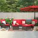 MeetLeisure 5 Pieces Patio Conversation Set Two Wicker Chairs One 3-Seat Sofas and Two Ottomans with 3.5-inch Seat Cushions Red