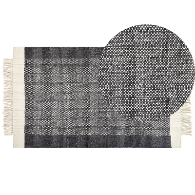 Teppich Cremeweiß / Schwarz Wolle 80 x 150 cm Rechteckig Handgewebt Streifenmuster Kurzflor Läufer mit Fransen Boho Wohn