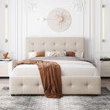 Queen Size Linen Fabric Upholstered Platform Bed with Tufted Headboard and 4 Side Drawers and Solid Wood Slats