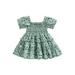 Biekopu Baby Girls Dress Printed Ruffled Square Neck Ruched Dress High Waist Knee-Length One-Piece