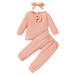 Qufokar Newborn Baby Girl Clothes Baby Girls Baby Girls Long Sleeve Solid Blouse Tops Cotton Pants Trousers With Headbands Outfit Set 3Pcs Clothes