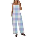 JWZUY Women s Plaid Print Jumpsuit Long Cotton Linen Romper Tie Strappy Trousers Casual Summer Pants Blue S