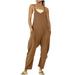 JGGSPWM Jumpsuits for Women Casual Summer Rompers Sleeveless Loose Spaghetti Strap Baggy Overalls Jumpers with Big Pockets 2023 Summer Brown L