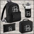 Personalised Name & Initial 9 Litre Backpack Water Bottle Lunch Bag Free Pencil Case Back To School Black Kids Mini Size