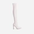 Only-Fans Block Heel Over The Knee Thigh High Long Sock Boot In Cream Nude Ribbed Knit, Nude