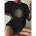 Women T-shirts Sun Moon Star Print Drop Shoulder Loose T Shirt S Black