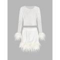 Shiny Fishnet Faux Fur Trim Top and Skirt Set M White