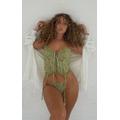 Sage Green Floral Lace Lace Up Corset With Suspender And Thong, Sage Green