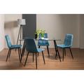 Bentley Designs Cosmo Clear Tempered Glass 6 Seater Dining Table & 4 Mondrian Petrol Blue Velvet Fabric Chairs With Black Legs