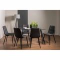 Bentley Designs Cosmo Clear Tempered Glass 6 Seater Dining Table & 6 Mondrian Dark Grey Faux Leather Chairs With Black Legs