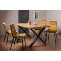 Bentley Designs Rimi Rustic Oak Effect Melamine 6 Seater Dining Table With X Leg & 4 Mondrian Mustard Velvet Fabric Chairs With Black Legs