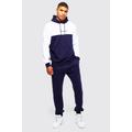 Mens Navy Official Colour Block Hooded Tracksuit With Tape, Navy