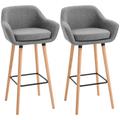 HOMCOM Set of 2 Bar Stools Modern Upholstered Seat Bar Chairs w/ Metal Frame, Solid Wood Legs Living Room Dining Room Fabric Furniture - Grey