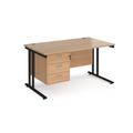 Maestro 25 Beech Straight Office Desk with 3 Drawer Pedestal and Black Cantilever Leg Frame - 1400mm x 800mm