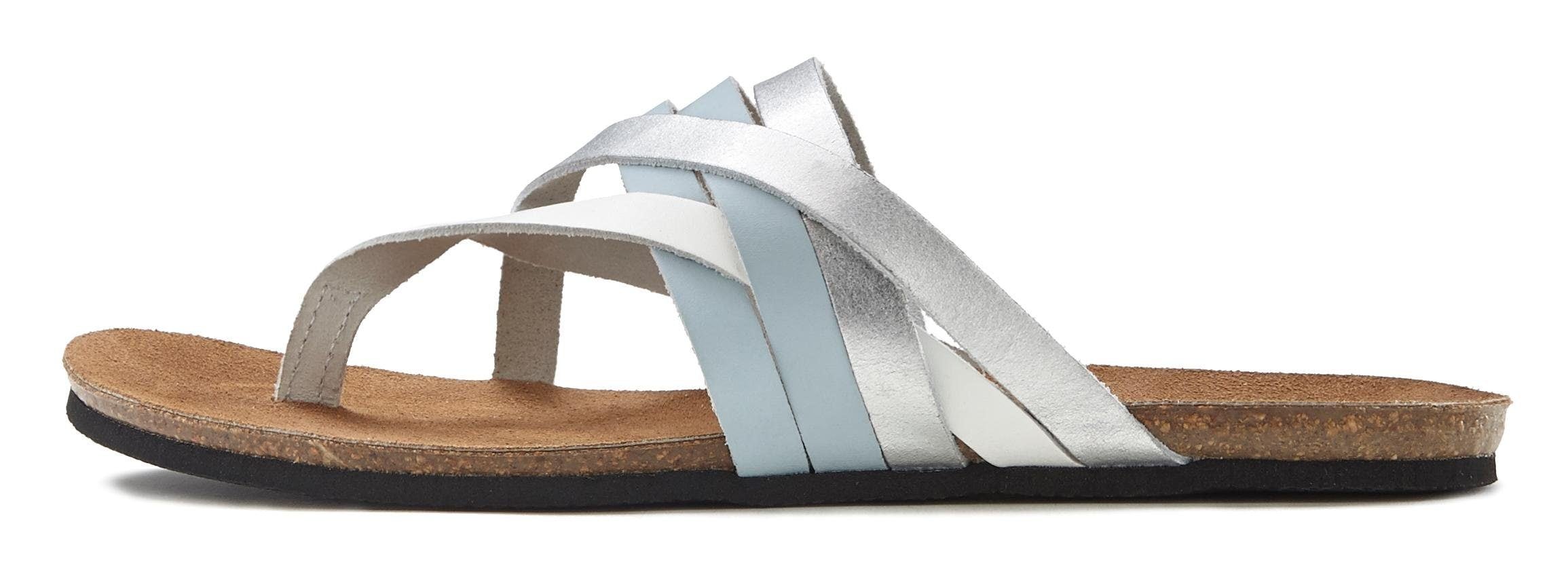 Zehentrenner LASCANA, Damen, Gr. 40, blau, Obermaterial: 100% Rindsleder. Decksohle: 100% Rindsleder. Laufsohle: 100% Synthetik, metallic, Casual, Schuhe, Sandale, Pantolette aus Leder mit Korkfußbett