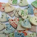 Five Porcelain Heart Buttons, Red/Yellow/Blue