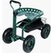 Steerable Garden Stool Cart with Tool Tray and Storage Basket on Wheels Rolling Work Seat Heavy Duty Scooter with Extendable Steer Handle Green