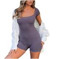 Short Sleeve Jumpsuit for Women Sexy Scoop Neck Stretchy Ribbed Rompers Shorts One Piece Bodysuit Playsuit Clubwear