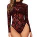 Gwiyeopda Women s See through Sheer Skinny Bodysuit Geometry Print Long Sleeve Bodycon Romper Jumpsuits Tops