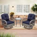 iRerts Outdoor Rocking Bistro Set Outdoor Wicker Bistro Set Rattan Chair Conversation Set Outdoor Rocking Chairs Patio Furniture Set with Coffee Table for Yard Lawn Porch Poolside Balcony Navy Blue