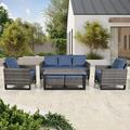 PARKWELL 6Pcs Patio Rattan Wicker Outdoor Conversation Sets 5 - Person Seating Group Patio Furniture Set including Sofa Chairs Coffee Table and Ottomans with Blue Cushion