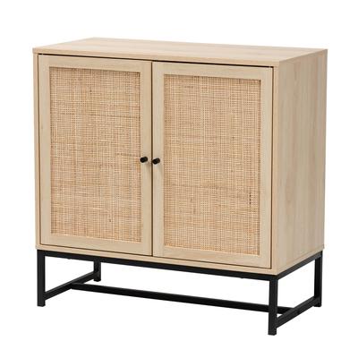 Caterina Mid-Century Modern Transitional Natural Brown Finished Wood And Natural Rattan 2-Door Stora by Baxton Studio in Natural Brown Black
