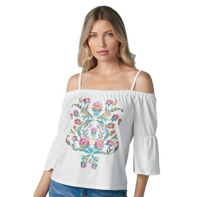 K Jordan Embroidered Cold Shoulder Top (Size XL) White, Polyester,Spandex