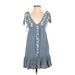 Jessica Simpson Casual Dress - Mini Plunge Short sleeves: Blue Print Dresses - Women's Size X-Small