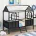 Twin Size Metal Frame Low Loft House Bed with Roof and Two Front Windows, Fence-shaped Guardrail Safe Design for Kids Teens