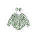 jaweiwi Baby Girls Romper Long Sleeve Off-shoulder Pleated Flower Print Romper with Hairband 3-18M