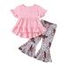 TAIAOJING Toddler Baby Girl Outfit Girls Short Sleeve Ruffles T Shirt Pullover Tops Cartoon Printed Bell Bottoms Pants Kids Outfits 12-18 Months