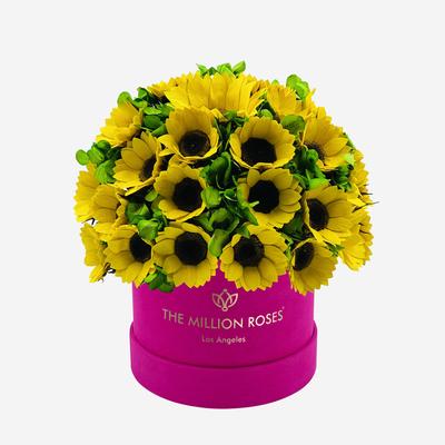 Classic Hot Pink Suede Box | Sunflowers & Green Hydrangeas