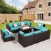 NICESOUL 9 Pcs Outdoor Wicker Furniture with Fire Pit Table Espresso/Aqua